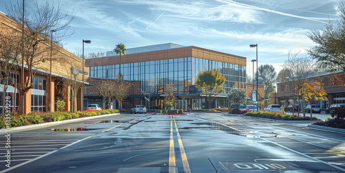 The exterior of a healthcare clinic with a parking lot in front inside of a dense neighborhood shopping area. Generative AI. photo