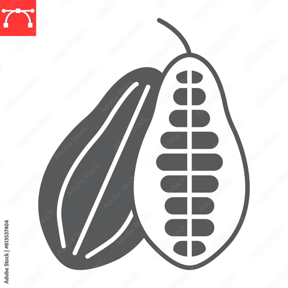 Cocoa pod glyph icon, cocoa beans and chocolate, cacao vector icon, vector graphics, editable stroke solid sign, eps 10. Cocoa pod glyph icon, cocoa beans and chocolate, cacao vector icon, vector graphics, editable stroke solid sign, eps 10.