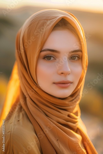 A woman wearing a hijab in a desert landscape. Ideal for cultural and travel concepts