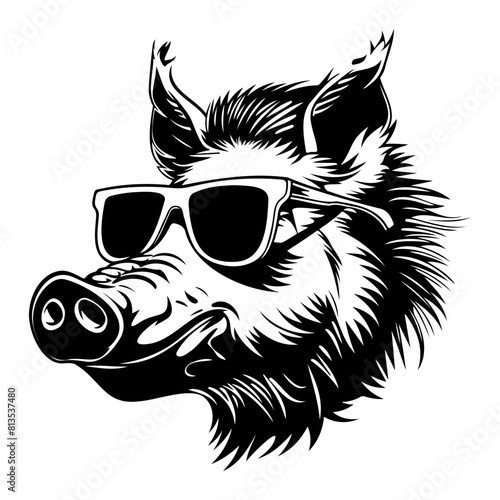 cool Wild boar wearing sunglass black silhouette logo svg vector, Wild boar icon illustration