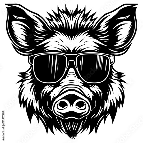 cool Wild boar wearing sunglass black silhouette logo svg vector, Wild boar icon illustration