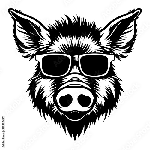 cool Wild boar wearing sunglass black silhouette logo svg vector, Wild boar icon illustration