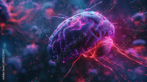 A vivid representation of the human brain s neural network depicted with dynamic pink and blue lights  illustrating complex synaptic connections.