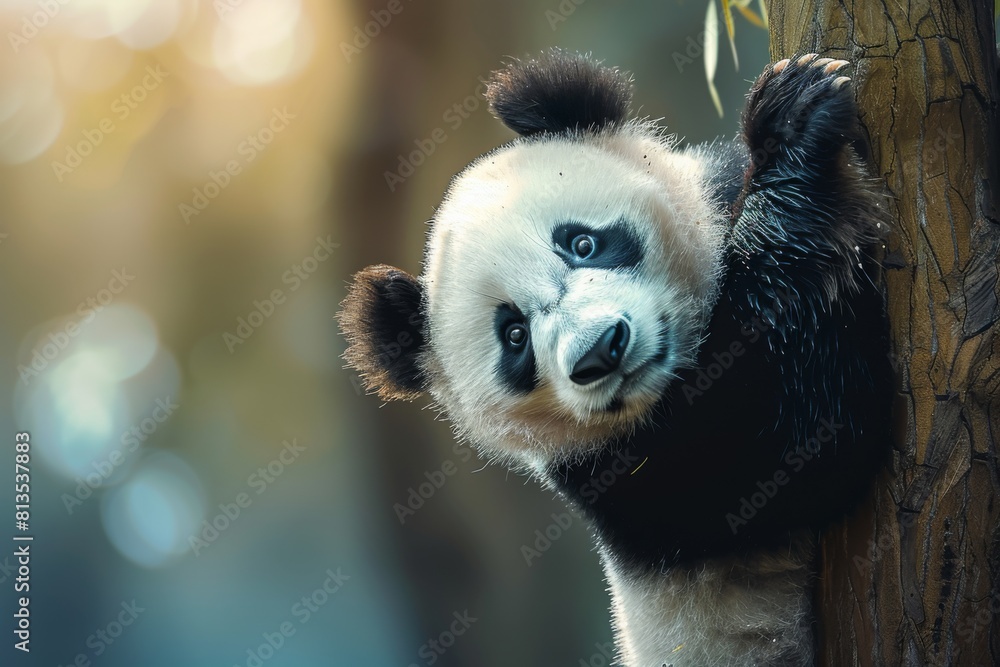Obraz premium A regal panda poses close-up on a tree. Lazy Panda Bear on a Tree Branch. Giant panda