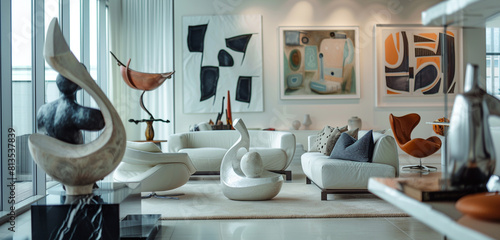 Modern Scandinavian living room with a focus on art and culture, featuring elegant sculptures and a subtle color palette.