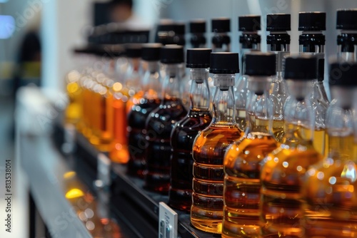 A row of bottles of liquor displayed on a shelf. Suitable for beverage or retail concepts