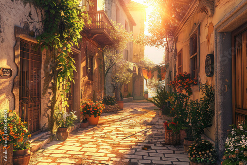 A 3d game style of a beautiful european street with warm sunlight, for background 