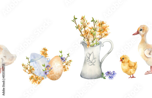 Easter watercolor seamless border with colorful eggs and first spring flowers isolated on white. Flowers in jug with farm pets hand drawn for Easter design. Chick, gosling painted photo