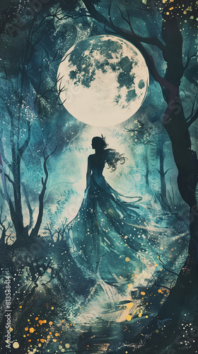 Damsel, ball gown, enchanted forest, encountering mythical creatures, moonlit night, silhouette lighting, double exposure effect, fantasy genre
