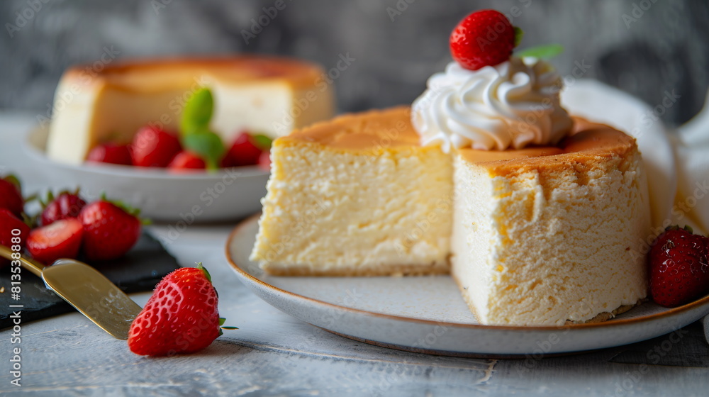 Fluffy Japanese cheesecake with a light and airy texture, served with whipped cream. Fluffy Japanese cheesecake with a light and airy texture, served with whipped cream.
