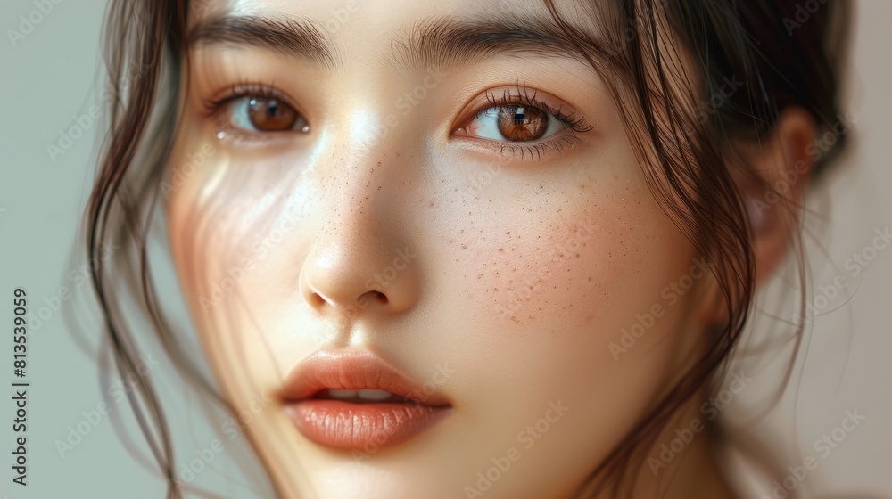 Asian female glass skin skin care, studio background. Generative AI. Asian female glass skin skin care, studio background. Generative AI.