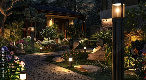 Light posts illuminated backyard garden during night hours. Modern backyard outdoor lighting systems.
