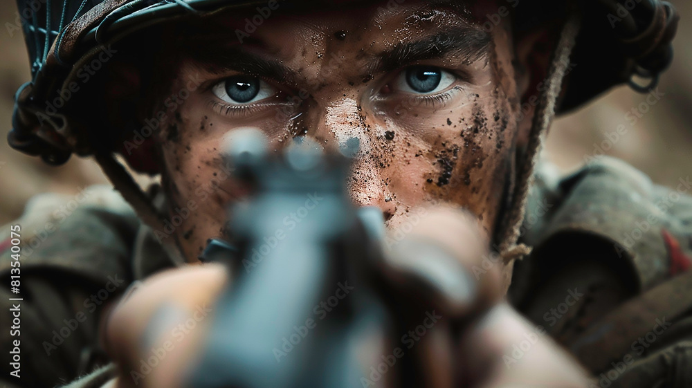 Close-up shot of an American soldier during World War II, wearing helmet and holding the gun, looking straight ahead at the camera. Cinematic photography. Close-up shot of an American soldier during World War II, wearing helmet and holding the gun, looking straight ahead at the camera. Cinematic photography.