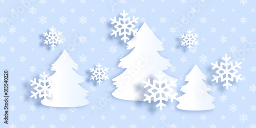 Winter background with paper trees and snowflakes. Vector paper background