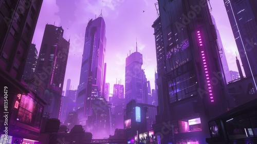 Wide-Angle Neon Skyscrapers in Purple Twilight AI Generated.