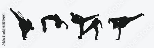Capoeira silhouettes set. Brazilian martial arts. Self-defense, fighting, dance. Different action, movement, pose. Graphic vector illustration.