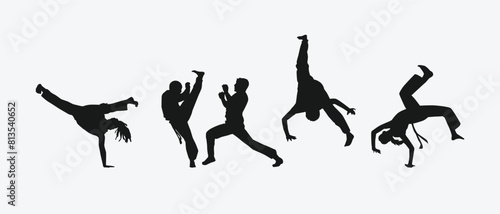 Capoeira silhouettes set. Brazilian martial arts. Self-defense, fighting, dance. Different action, movement, pose. Graphic vector illustration.
