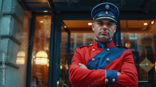 A man in a uniform standing in front of a building. Suitable for corporate or security concepts