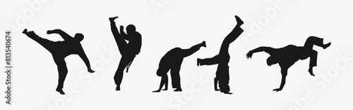 Capoeira silhouettes set. Brazilian martial arts. Self-defense, fighting, dance. Different action, movement, pose. Graphic vector illustration.