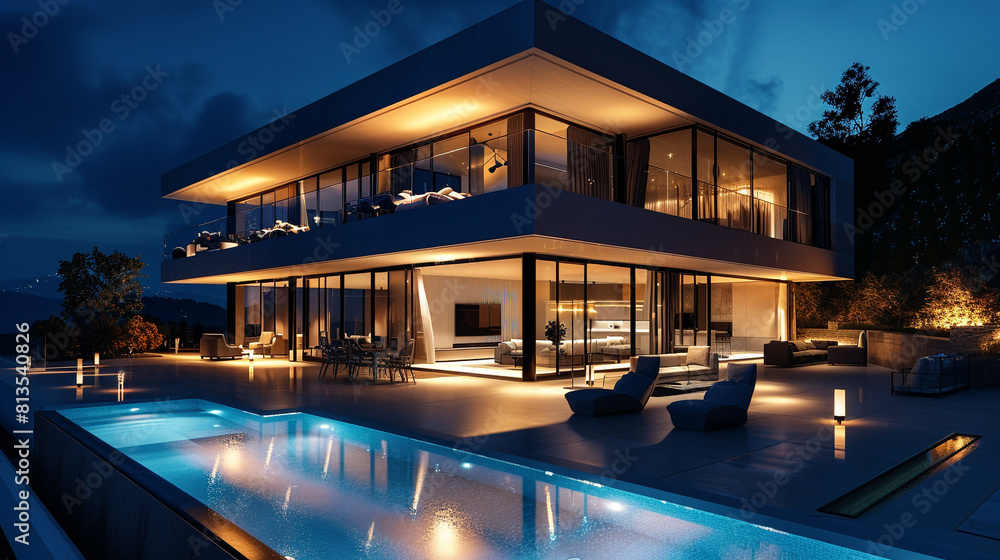 Night view of a luxurious cubic house with floor-to-ceiling windows and a glowing pool.