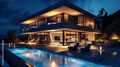 Night view of a luxurious cubic house with floor-to-ceiling windows and a glowing pool. © ZUBI CREATIONS