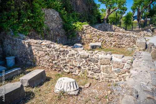 Ruins of Agora, ancient city in Side in sunny summer day, Turkey