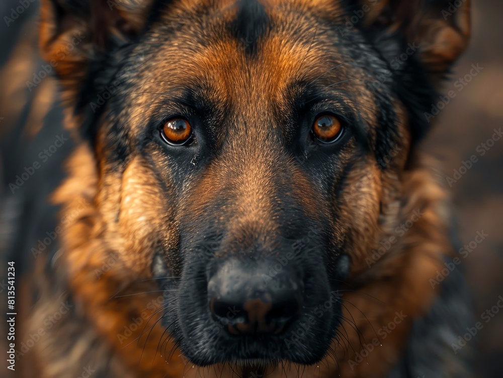 Close-up of a German Shepherd with detailed fur and intelligent eyes, perfect for professional training or security service ads Close-up of a German Shepherd with detailed fur and intelligent eyes, perfect for professional training or security service ads