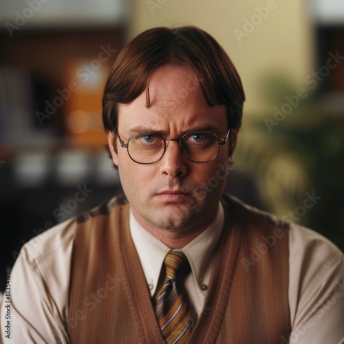 The photo shows Dwight Schrute, a character from the American TV show The Office photo