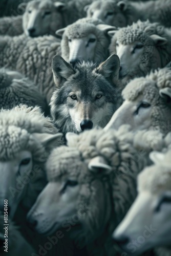 A wolf surrounded by a herd of sheep. Ideal for illustrating the concept of being different in a group