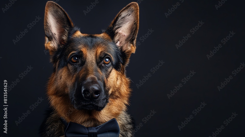 A German Shepherd in an elegant bow tie, combining sophistication with canine charm, great for luxury pet product ads