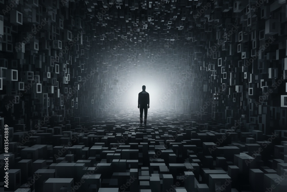 a man stands in the distance in space, surrounded by a lot of dark and black blocks and cubes on the floor and walls, in the style of 3D rendering a man stands in the distance in space, surrounded by a lot of dark and black blocks and cubes on the floor and walls, in the style of 3D rendering