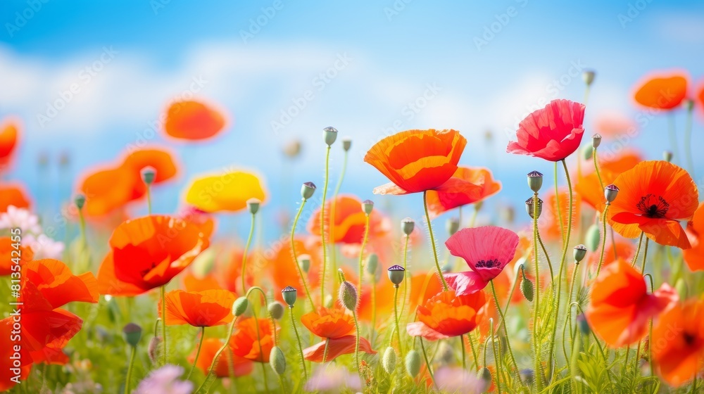 Obraz premium Beautiful closeup of poppies poppy Papaver rhoeas flowers in nature. Natural spring summer landscape with red poppies