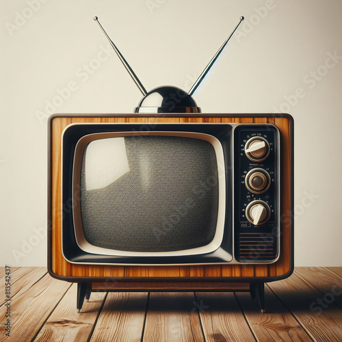 Retro TV set on wooden table. Toned image. 3D Rendering