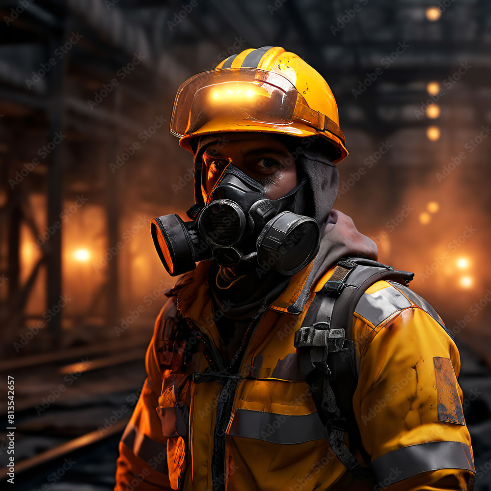 Naklejka premium Portrait of a male miner in a gas mask.