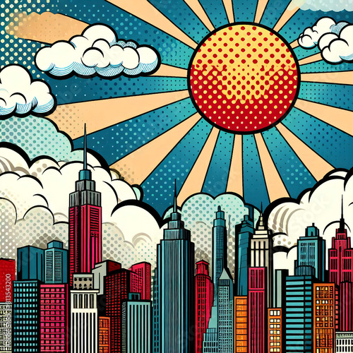 Pop art city with sun and clouds. Vector illustration in retro comic style.