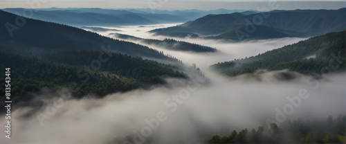 Morning fog in the Carpathian mountains. Panoramic view.