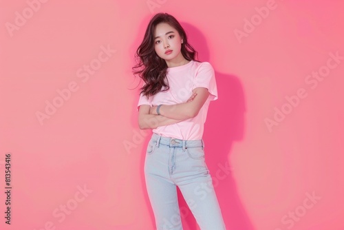 A woman standing in front of a pink wall. Suitable for lifestyle and fashion concepts © Fotograf