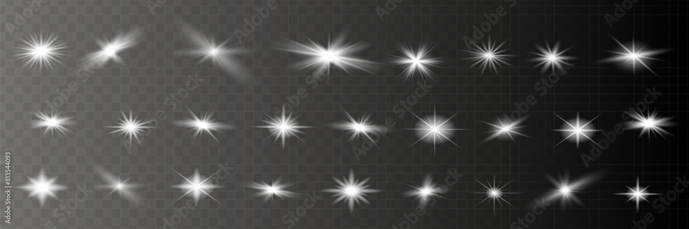Glow isolated white transparent light effect set, lens flare, explosion, glitter, line, sun flash, spark and stars. Abstract special effect element desig Glow isolated white transparent light effect set, lens flare, explosion, glitter, line, sun flash, spark and stars. Abstract special effect element desig