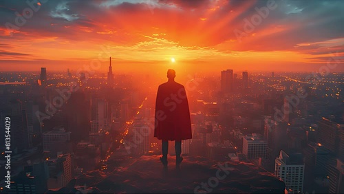 superhero businessman looking at city. Created with Generative AI.