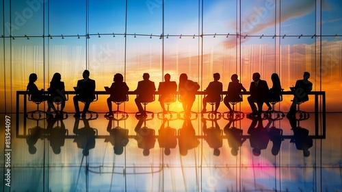 Group of diverse individuals gathered around a conference table, engaged in a discussion and brainstorming session, symbolizing empowerment and collaboration in leadership development. photo