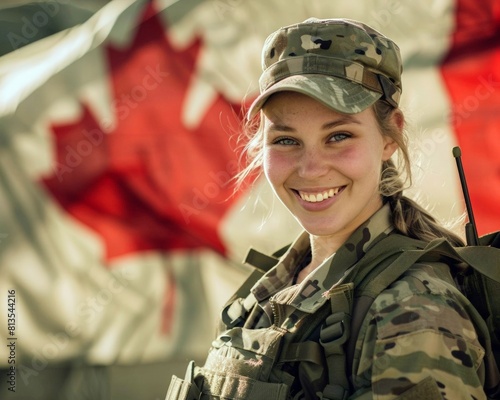 A young smiling female soldier in camouflage uniform on the background of the Canada flag. Canada Day concept.