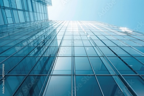 Modern glass skyscraper against clear blue sky. Suitable for business concepts