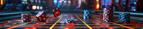 Casino chips on table. A vivid, close-up view of colorful casino chips stacked on a gaming table, illuminated by dazzling lights and bokeh generative ai raster illustration.