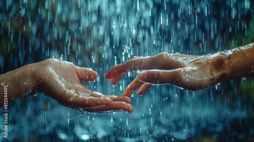 A pair of hands reaching out to each other, with raindrops forming a connection between them, representing the power of connection despite distance. photo