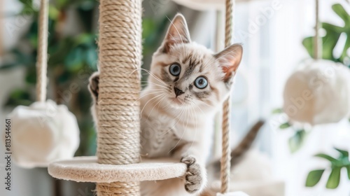 Adorable Cat Playing on Cat Climber, Joyful and Playful Pet Activity

