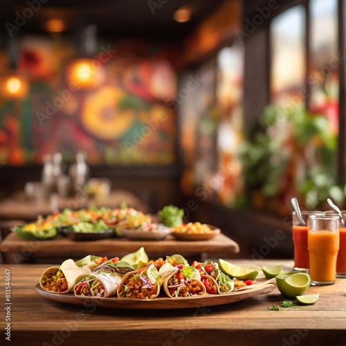 A wooden table top adorned with delicious Mexican cuisine, including tacos, enchiladas, and guacamole,