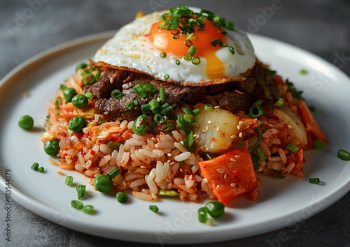 Kimchi fried rice with beef and a fried egg on top served on a white plate