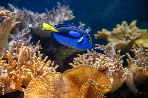 Colorful coral reef underwater photo Blue Tang fish 