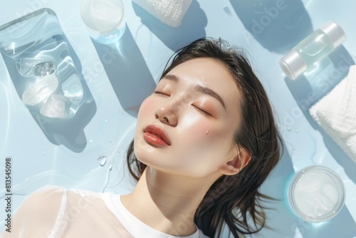 Woman laying on a blue surface with cosmetics photo