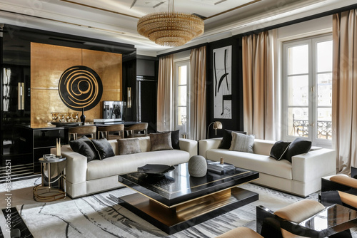 Sleek art deco living room with a chic monochrome palette, enhanced by subtle metallic hints. © ZUBI CREATIONS
